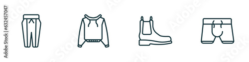 set of 4 linear icons from clothes collection. concept. outline icons included pegged pants, pullover, leather chelsea boots, boxers vector