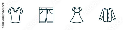 set of 4 linear icons from clothes concept. outline icons included v neck shirt, chino shorts, chiffon dress, collarless cotton shirt vector
