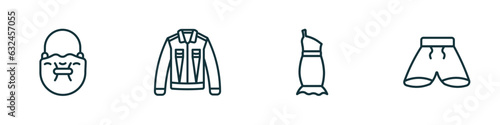 set of 4 linear icons from clothes concept. outline icons included bucket bag, denim shirt, one shoulder dress, short vector