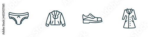 set of 4 linear icons from clothes concept. outline icons included panties, leather biker jacket, leather shoes, trench coat vector