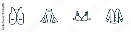 set of 4 linear icons from clothes concept. outline icons included waistcoat, tulle skirt, bra, cotton cardigan vector
