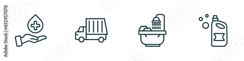 set of 4 linear icons from cleaning concept. outline icons included sanitize, garbage truck cleanin, bathtub cleaning, vector