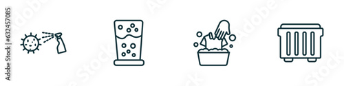 set of 4 linear icons from cleaning concept. outline icons included virus cleanin, emulsion, washing clothes, dumpster vector