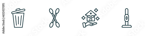 set of 4 linear icons from cleaning concept. outline icons included garbage, tampon cleanin, clean-living, vacuum cleanin vector