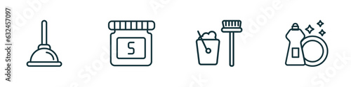 set of 4 linear icons from cleaning concept. outline icons included plunger, solvent, dustpan cleanin, dish soap vector