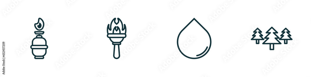 set of 4 linear icons from camping collection. concept. outline icons included camping gas, torch, water, pines vector set of 4 linear icons from camping collection. concept. outline icons included camping gas, torch, water, pines vector