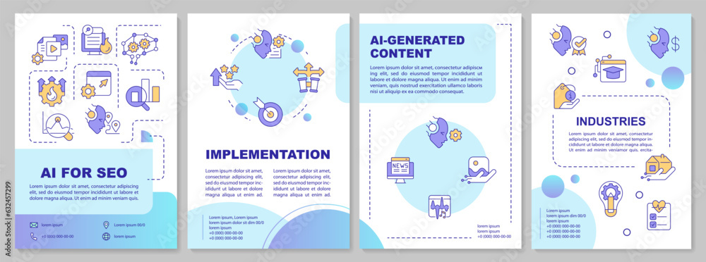 Sustainable AI for SEO brochure template, multicolor leaflet design with thin linear icons, 4 vector layouts.