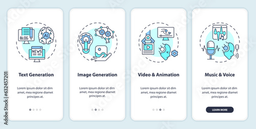2D icons representing AI for SEO mobile app screen set. Walkthrough 4 steps colorful graphic instructions with thin linear icons concept, UI, UX, GUI template. © bsd studio