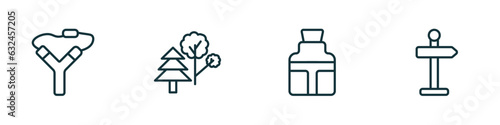 set of 4 linear icons from camping concept. outline icons included slingshot, trees, flask, direction vector