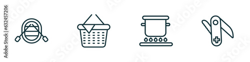 set of 4 linear icons from camping concept. outline icons included raft, picnic, pot on fire, swiss army knife vector