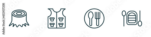 set of 4 linear icons from camping concept. outline icons included stump, fishing vest, canteen, inflatable boat vector