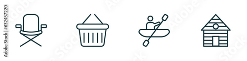 set of 4 linear icons from camping concept. outline icons included chair, basket, rafting, lodge vector