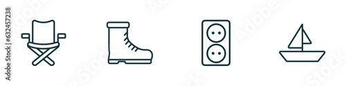 set of 4 linear icons from camping concept. outline icons included camp chair, boots shoes, outlet, boat vector
