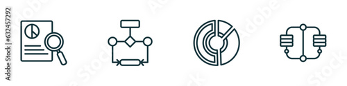 set of 4 linear icons from business and analytics concept. outline icons included investigate, flow chart, data circular chart, connected data vector