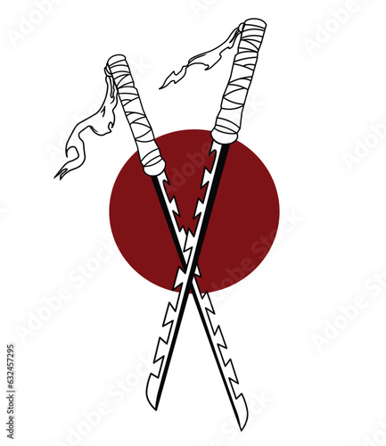 Double Katana sword with Red circle Anime knife samurai Ronin Sword Japanese style tattoo flat vector icon design, Anime blade Sword design