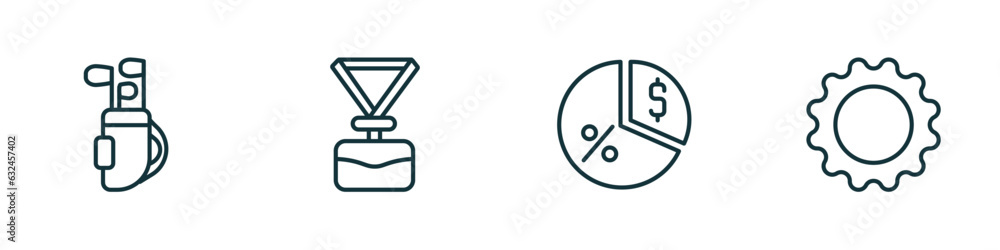 set of 4 linear icons from business concept. outline icons included golf sticks, lanyard, pie chart with dollar, tool button vector set of 4 linear icons from business concept. outline icons included golf sticks, lanyard, pie chart with dollar, tool button vector