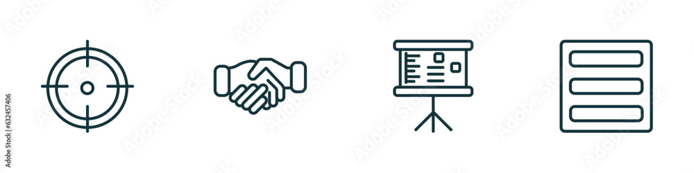 set of 4 linear icons from business concept. outline icons included target, cooperate, graphic panel, basic burger vector set of 4 linear icons from business concept. outline icons included target, cooperate, graphic panel, basic burger vector