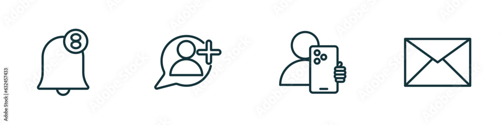 set of 4 linear icons from blogger and influencer concept. outline icons included notification, follower, selfie, email vector set of 4 linear icons from blogger and influencer concept. outline icons included notification, follower, selfie, email vector