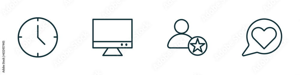 set of 4 linear icons from blogger and influencer concept. outline icons included clock, monitor, famous, like vector set of 4 linear icons from blogger and influencer concept. outline icons included clock, monitor, famous, like vector