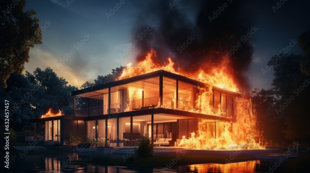 Modern House on Fire Accident, Burning House Background, Home Insurance Concept