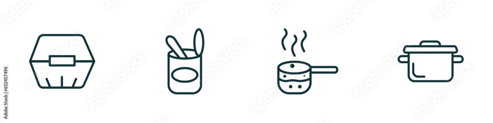 set of 4 linear icons from bistro and restaurant concept. outline icons included food box, open tin with spoon, boiling water pan, bistro pot vector set of 4 linear icons from bistro and restaurant concept. outline icons included food box, open tin with spoon, boiling water pan, bistro pot vector