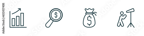 set of 4 linear icons from business concept. outline icons included graphic progression, money finder, money sack, man looking vector