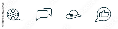 set of 4 linear icons from blogger and influencer concept. outline icons included film reel, conversation, fashion, likes vector