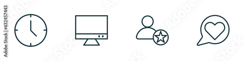 set of 4 linear icons from blogger and influencer concept. outline icons included clock, monitor, famous, like vector