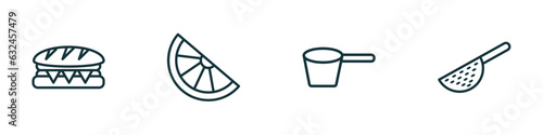 set of 4 linear icons from bistro and restaurant concept. outline icons included long sandwich, half lemon, lateral pan, strainer with handle vector