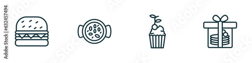 set of 4 linear icons from bistro and restaurant concept. outline icons included complete hamburger, paella with parwns, cupcake with cherry, cake box vector