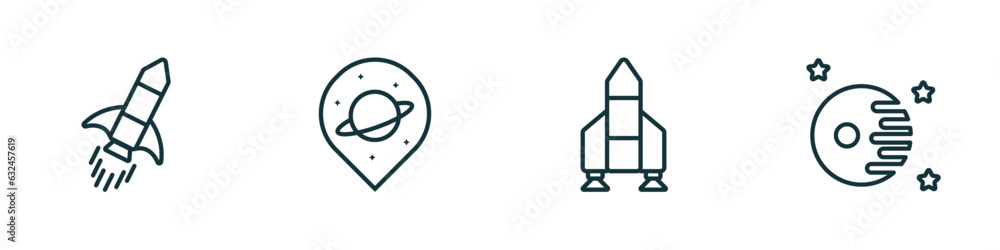 set of 4 linear icons from astronomy concept. outline icons included rocket ship, space travel, launching shuttle, death star vector set of 4 linear icons from astronomy concept. outline icons included rocket ship, space travel, launching shuttle, death star vector