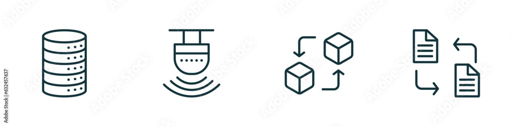 set of 4 linear icons from artificial intellegence concept. outline icons included database, motion sensor, replacement, file transfer vector set of 4 linear icons from artificial intellegence concept. outline icons included database, motion sensor, replacement, file transfer vector