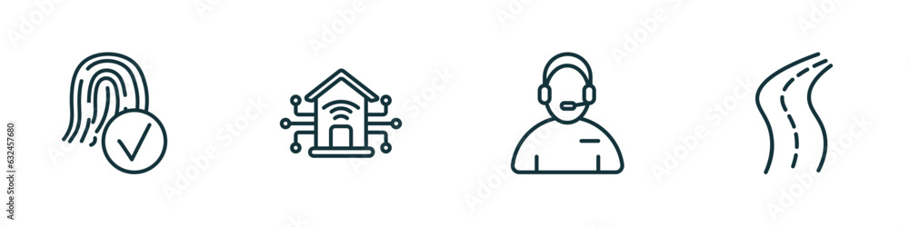 set of 4 linear icons from artificial intellegence concept. outline icons included biometrics, smart home, assistant, road vector set of 4 linear icons from artificial intellegence concept. outline icons included biometrics, smart home, assistant, road vector