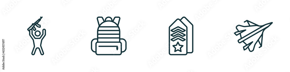 set of 4 linear icons from army and war concept. outline icons included rebellion, army backpack, shoulder strap, jet vector set of 4 linear icons from army and war concept. outline icons included rebellion, army backpack, shoulder strap, jet vector