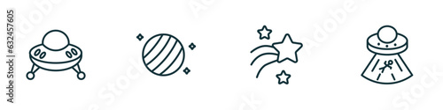 set of 4 linear icons from astronomy concept. outline icons included ufo flying, uranus with satellite, shooting star, abduction vector
