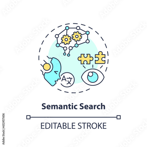 Editable semantic search icon concept, isolated vector, AI for SEO thin line illustration.