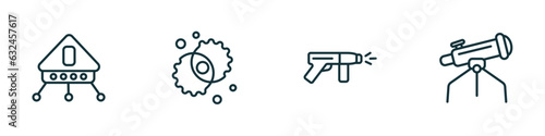 set of 4 linear icons from astronomy concept. outline icons included lander, nebula, laser gun, big telescope vector