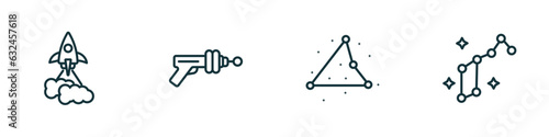 set of 4 linear icons from astronomy concept. outline icons included liftoff, gun blaster, triangulam australe, lyra constellation vector