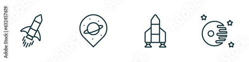 set of 4 linear icons from astronomy concept. outline icons included rocket ship, space travel, launching shuttle, death star vector