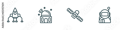 set of 4 linear icons from astronomy concept. outline icons included space lander, planetarium, space module, astronaut user vector