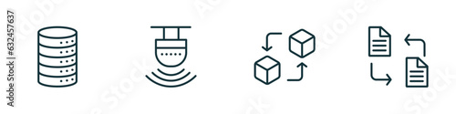 set of 4 linear icons from artificial intellegence concept. outline icons included database, motion sensor, replacement, file transfer vector