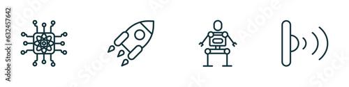 set of 4 linear icons from artificial intellegence concept. outline icons included quantum computing, rocket, exoskeleton, infrared vector