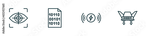 set of 4 linear icons from artificial intellegence concept. outline icons included eye tracking, binary, wireless charging, fyling vehicle vector