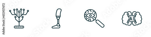 set of 4 linear icons from artificial intellegence concept. outline icons included technology tree, prosthesis, detection, artificial intelligence vector