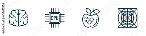 set of 4 linear icons from artificial intellegence concept. outline icons included brain, cpu, synthetic food, ai grid vector