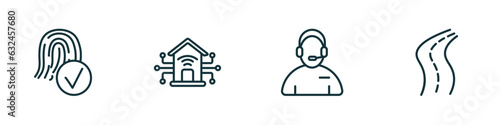 set of 4 linear icons from artificial intellegence concept. outline icons included biometrics, smart home, assistant, road vector