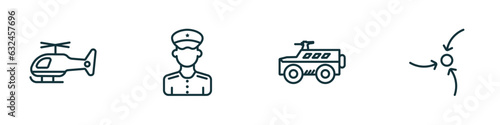 set of 4 linear icons from army and war concept. outline icons included helicopter, officer, armored vehicle, strategy vector