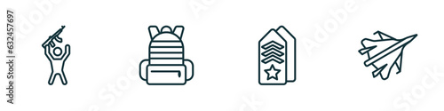set of 4 linear icons from army and war concept. outline icons included rebellion, army backpack, shoulder strap, jet vector