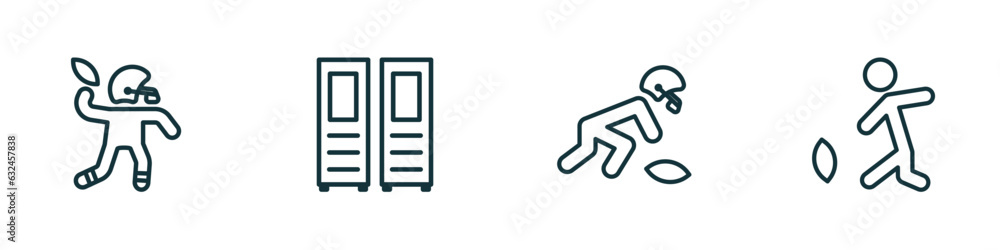 set of 4 linear icons from american football concept. outline icons included football player, sportive lockers, picking the ball, kicking the ball vector set of 4 linear icons from american football concept. outline icons included football player, sportive lockers, picking the ball, kicking the ball vector