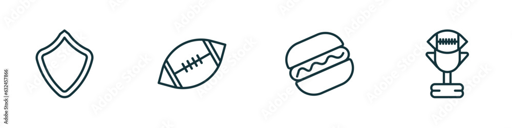 set of 4 linear icons from american football concept. outline icons included shield, american football ball, hot dog, american football cup vector set of 4 linear icons from american football concept. outline icons included shield, american football ball, hot dog, american football cup vector
